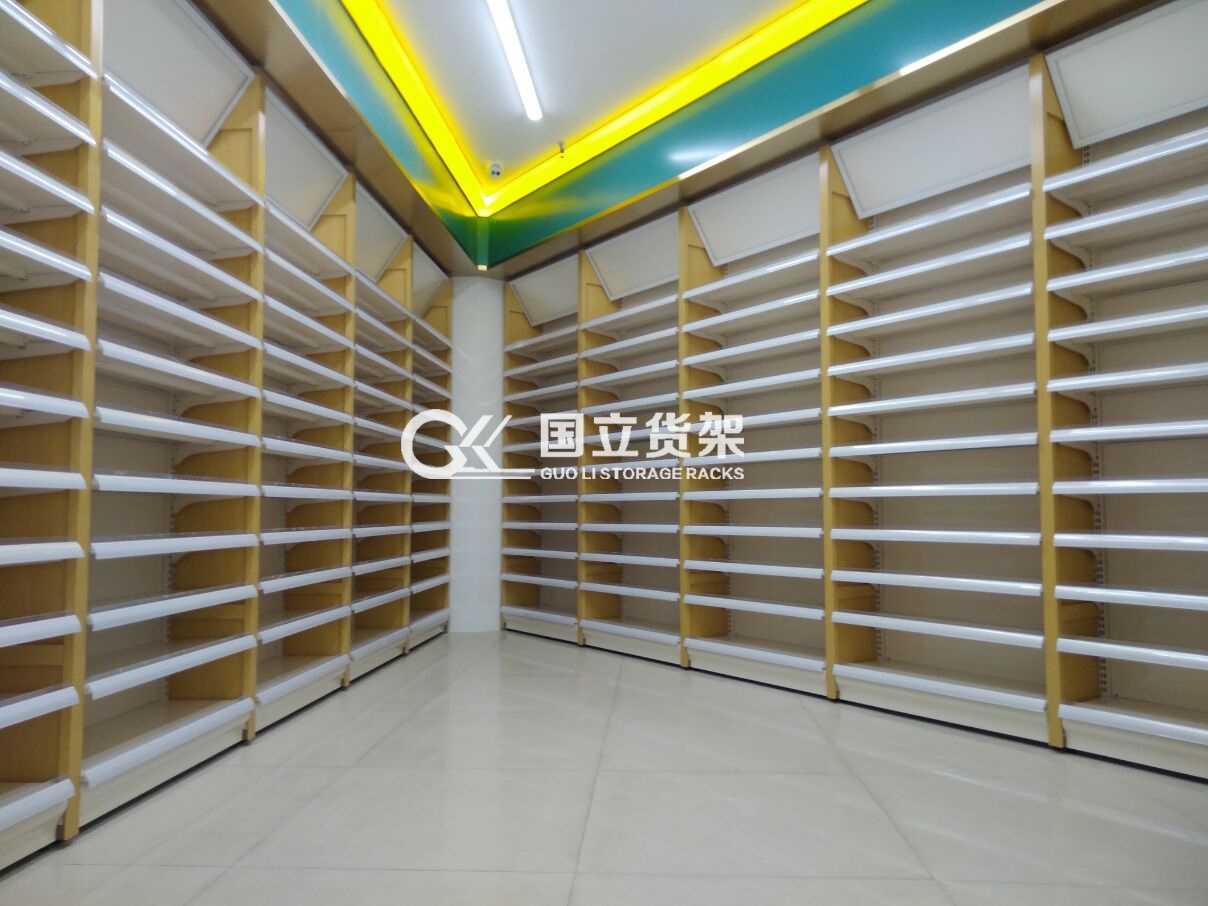 國(guó)立貨架帶燈箱楓木色系藥店客戶案例展示